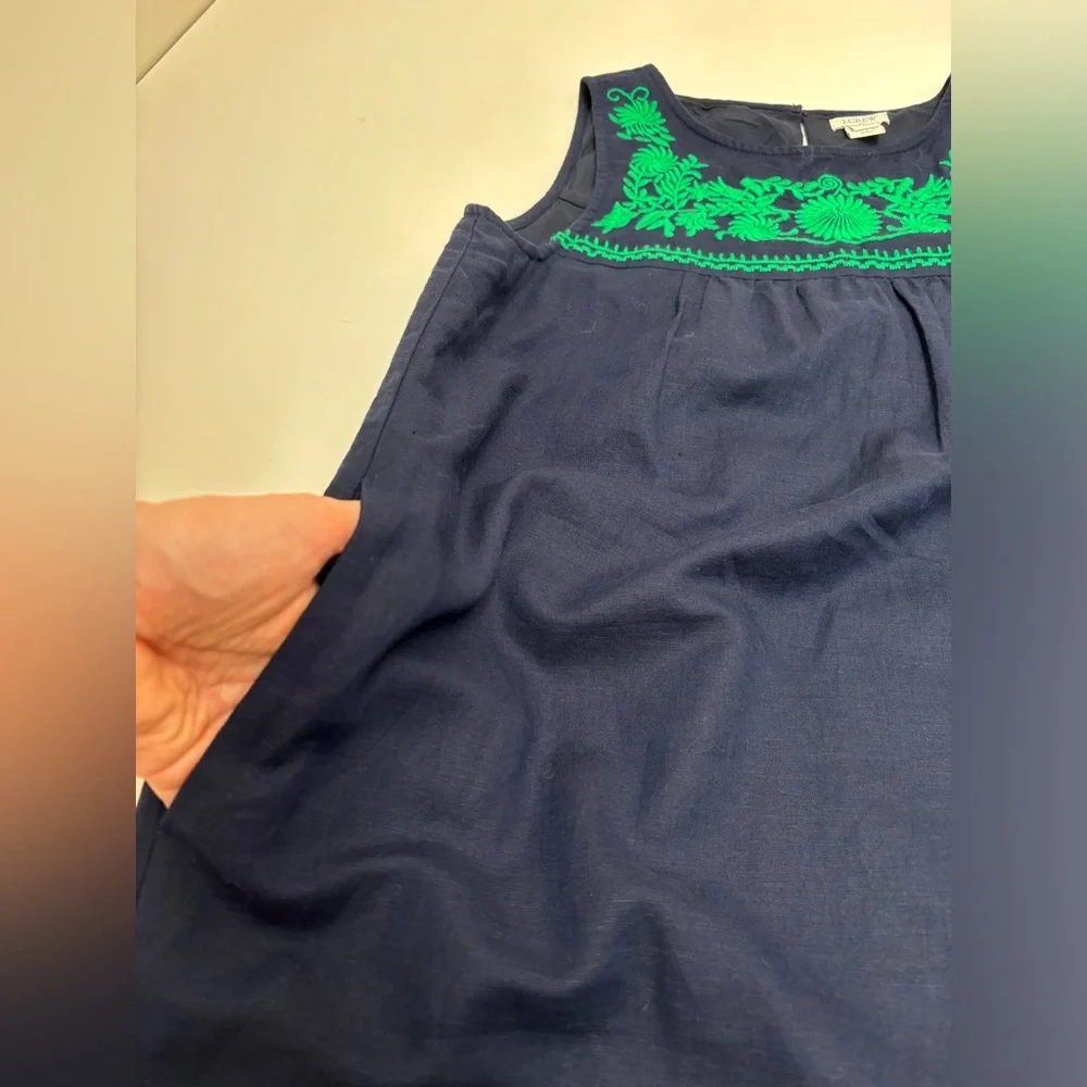 J Crew linen embroidered shift‎ dress, navy and green, with pockets XS, bohemian